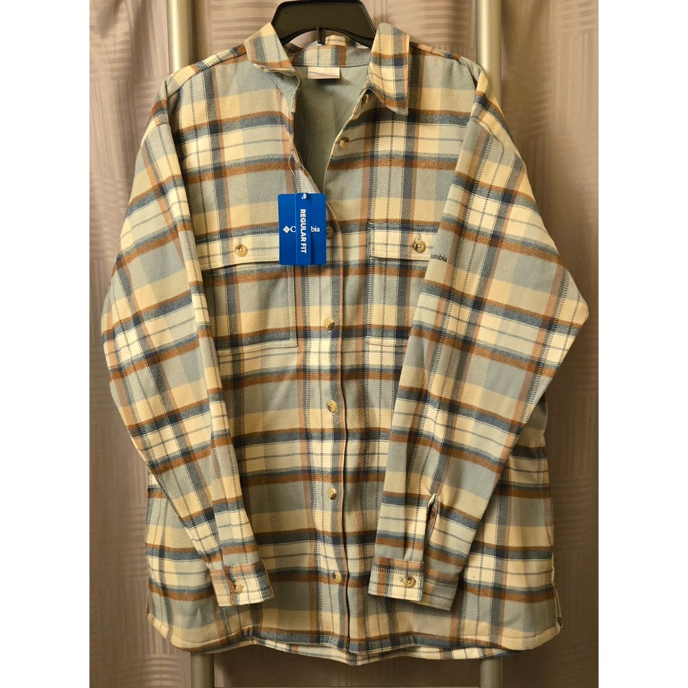 Columbia Womens XL Plaid Flannel Lined Shirt Jacket Blue Tan AL5761 NWT